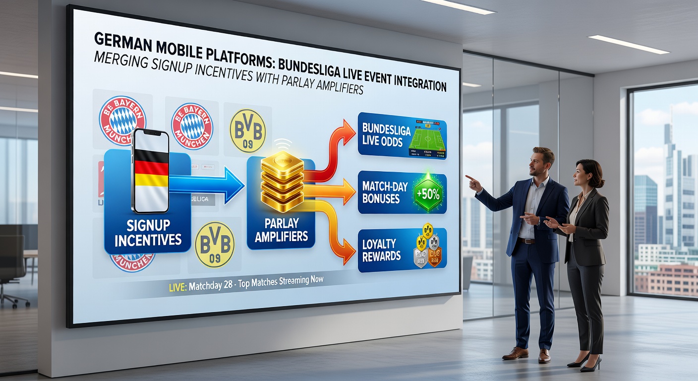 Mobile App-Oberfläche mit aktiviertem Parlay-Verstärker während eines Bundesliga-Live-Events und integriertem Registrierungsbonus