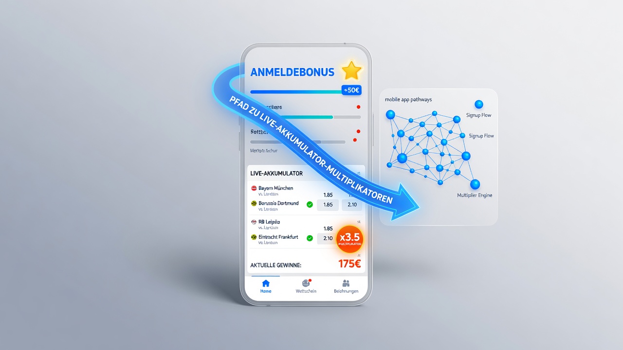 Live-Akkumulator Multiplikator Anzeige in einer deutschen Sportwetten App mit verbundenem Registrierungsbonus
