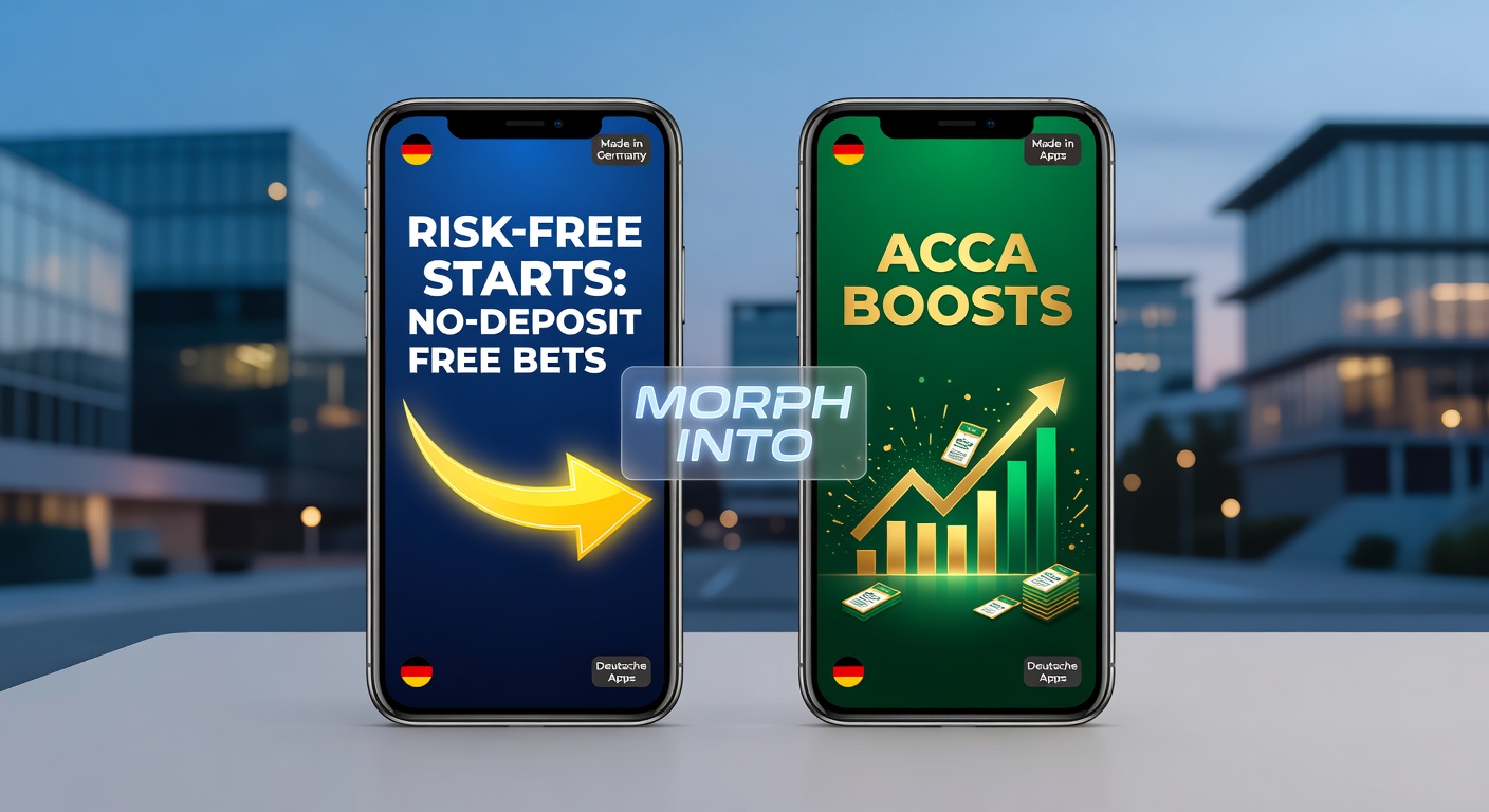 Smartphone mit Sportwetten-App im Vordergrund, umgeben von Symbolen für Free Bets und Acca-Boosts, die ein risikofreies Wetten illustrieren